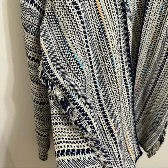 Woven Blanket Open Front Pottery Cardigan boho large cream blue cotton relaxed - Picture 6 of 10